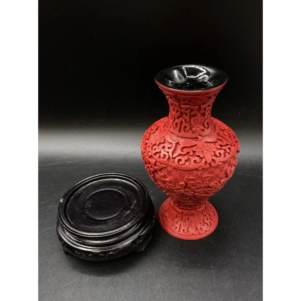 Red Cinnabar Carved Floral Decor 5 3/4' Vase on Wood Base - Picture 2 of 11